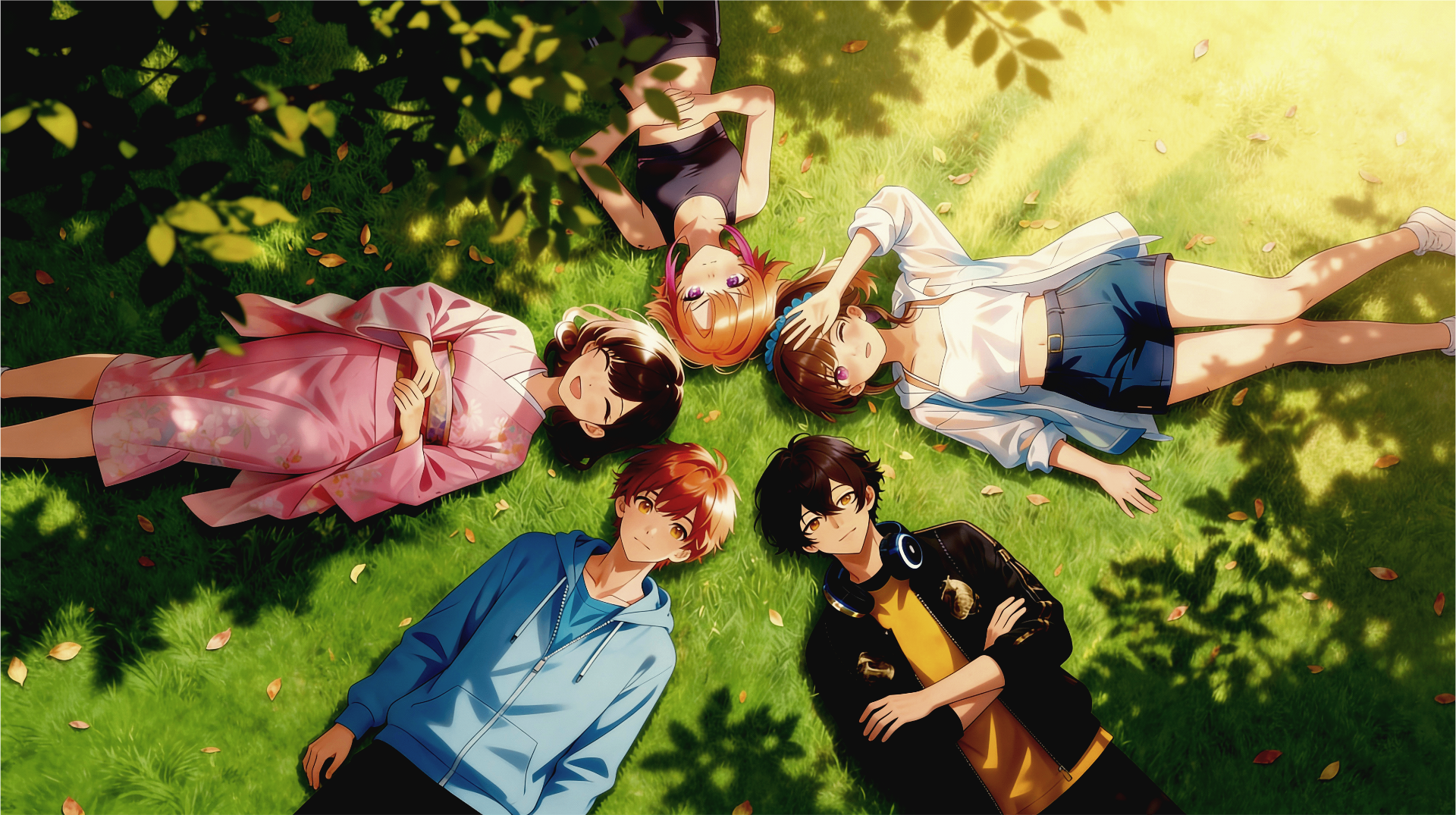 AI Senseis from Call Me Sensei relaxing together on a sunny grass field